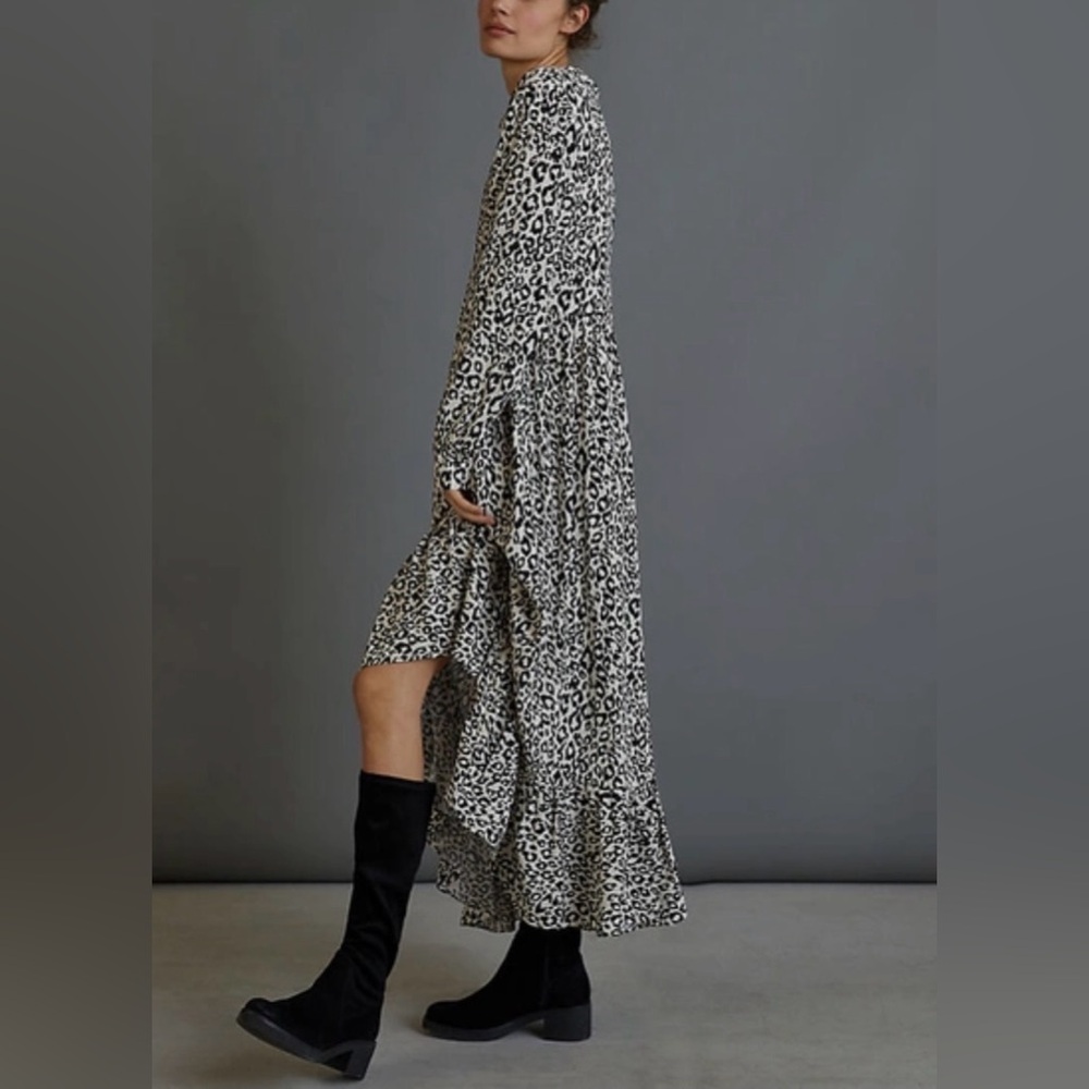 Anthropologie x Mare Mare Leopard Print Tiered Maxi Dress Women's XS Long Sleeve